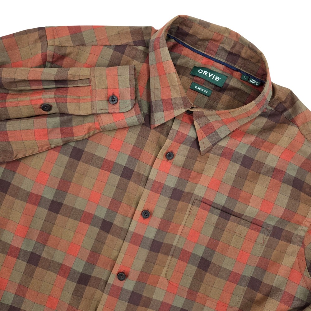 Orvis LARGE Button Down Shirt Mens Brown Orange Plaid‎ Classic Fit Gorpcore